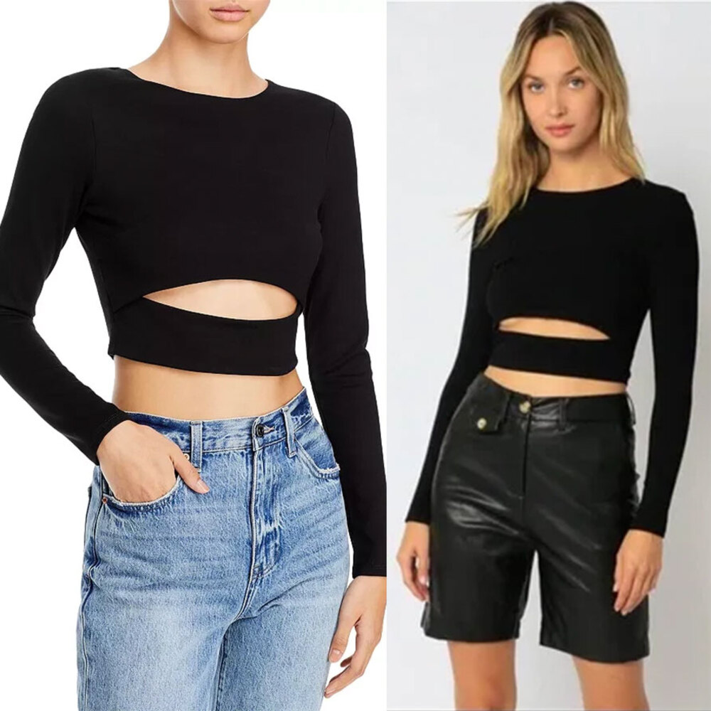 FORE Black Cutout Long Sleeve Crop Top Size M Made in USA